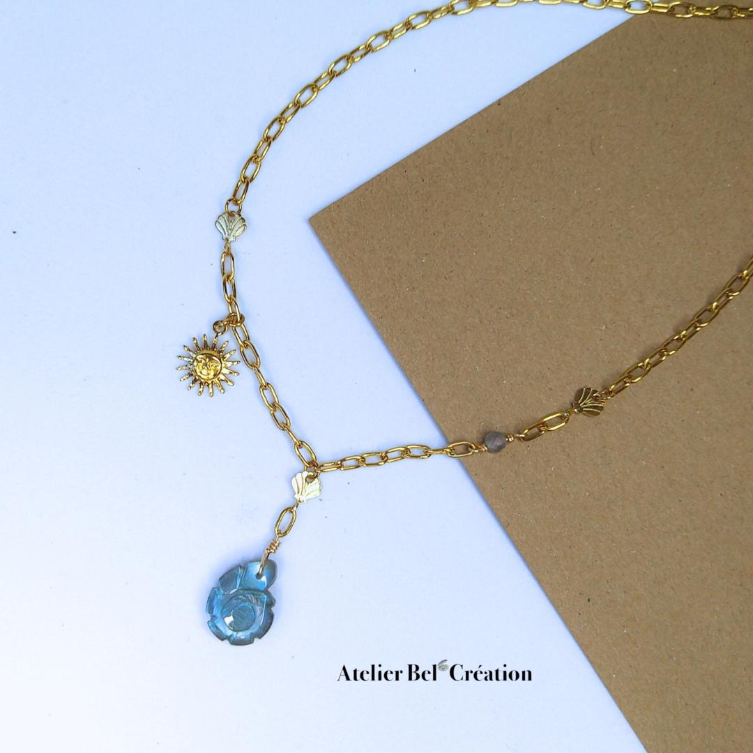 Necklace chain pendant ammonite shell in Labradorite stone, fine natural pearls, rosary style necklace, golden stainless steel