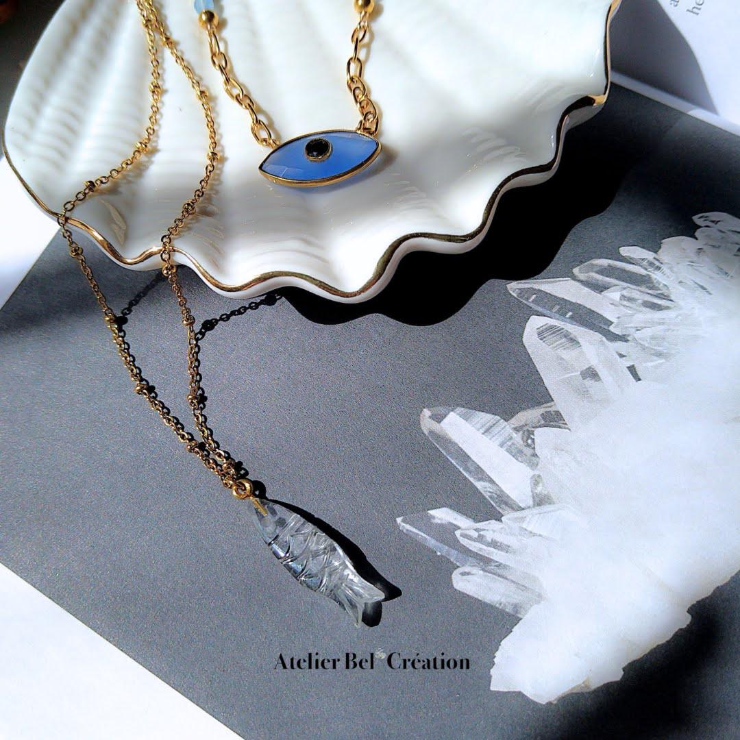 Gemstone Necklaces, Fish, EvilEye pendant, golden stainless steel chain, natural stone, curved stone