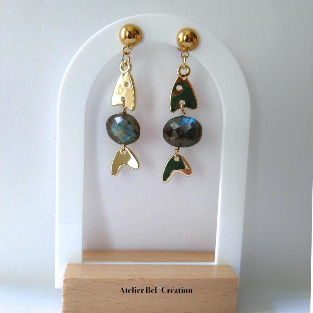 Fish drop earring, with labradorite gemme stone, stainless steel earrings
