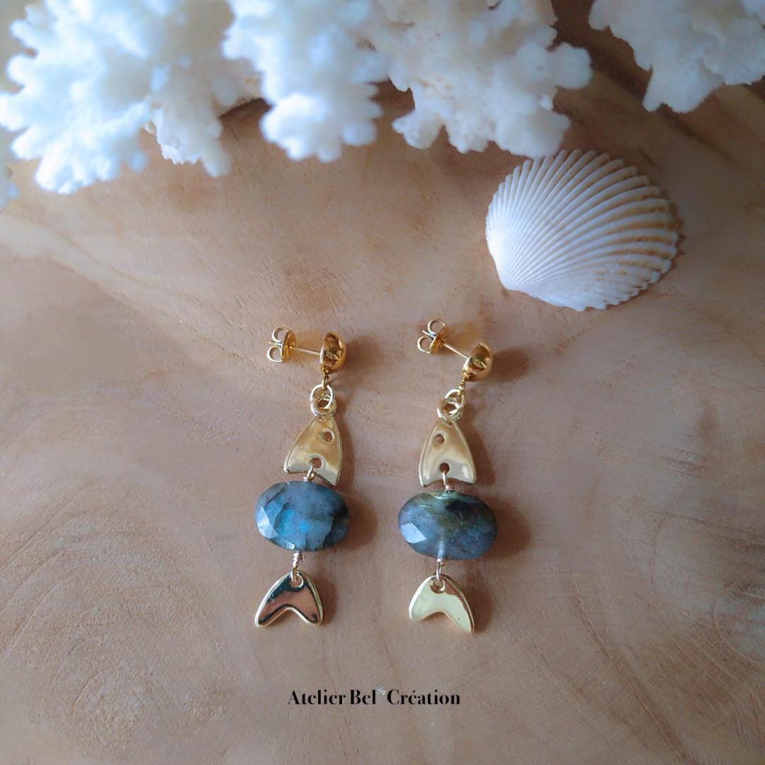 Fish drop earring, with labradorite gemme stone, stainless steel earrings