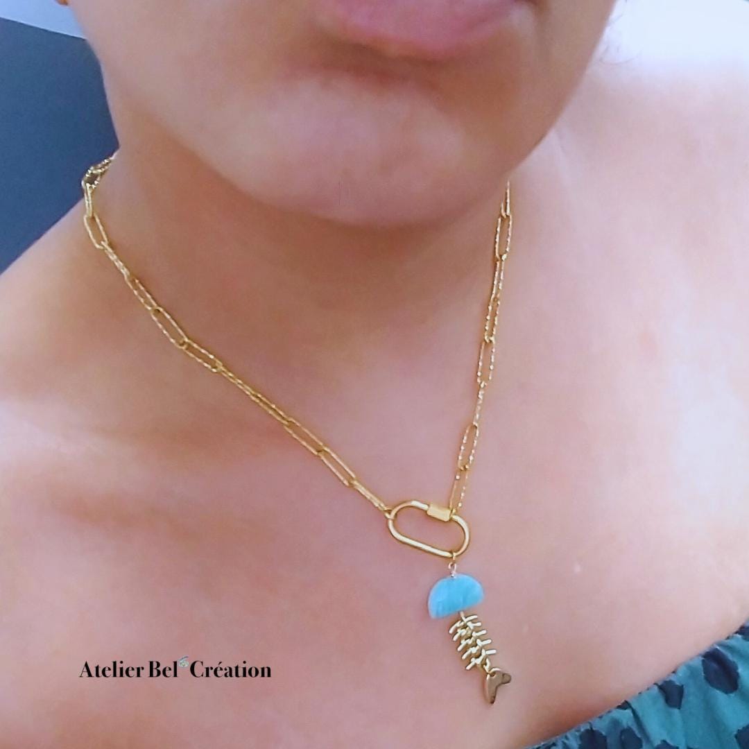 Stone Fish Pendant necklace | natural stone, Amazonite, Chalcedony, Golden stainless steel
