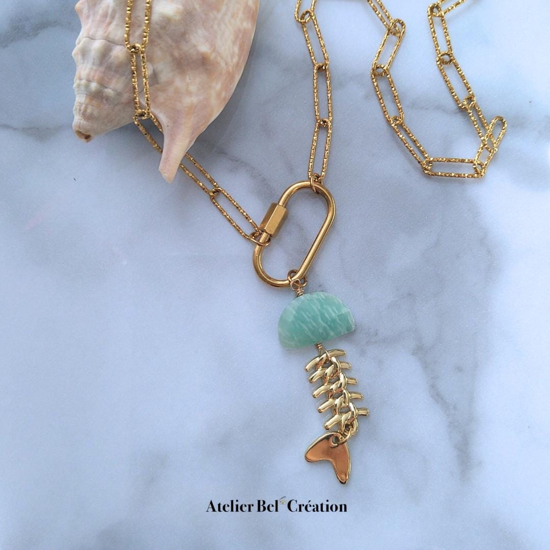 Stone Fish Pendant necklace | natural stone, Amazonite, Chalcedony, Golden stainless steel