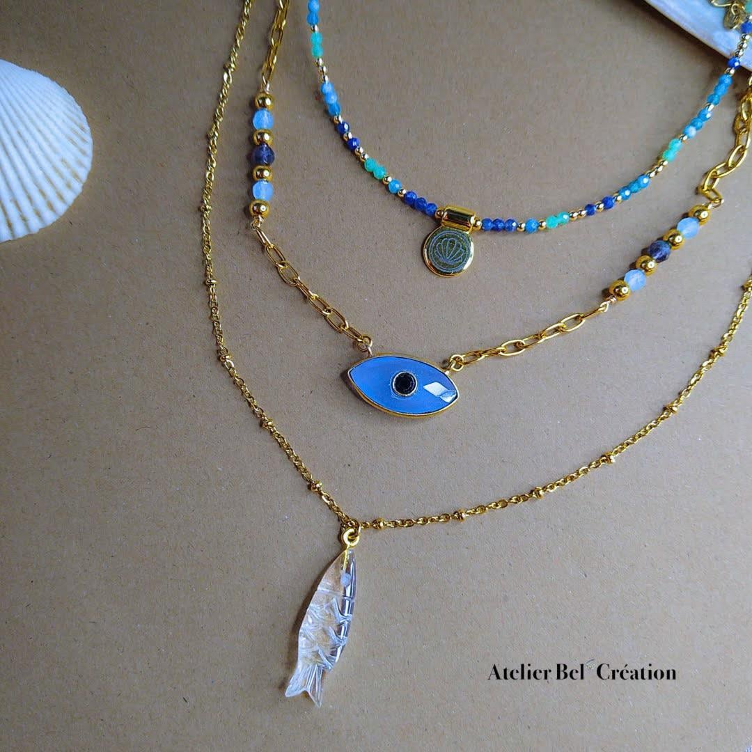 Gemstone Necklaces, Fish, EvilEye pendant, golden stainless steel chain, natural stone, curved stone