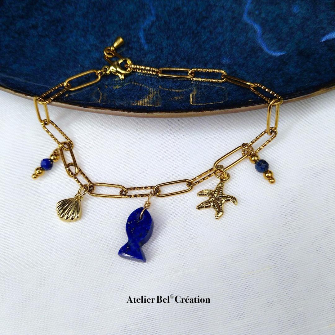 Natural Lapis Lazuli gemstone Bracelets, blue | stainless steel, shell