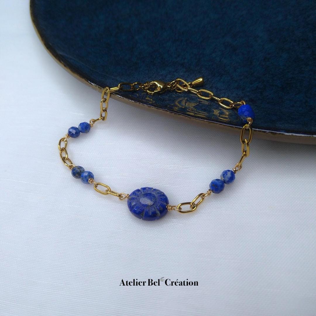 Natural Lapis Lazuli gemstone Bracelets, blue | stainless steel, shell
