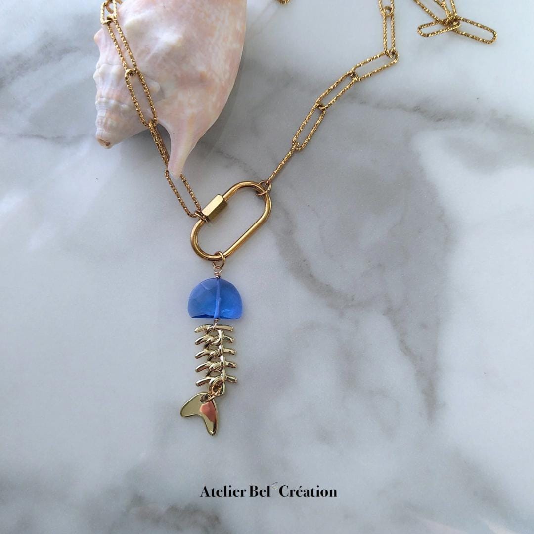 Stone Fish Pendant necklace | natural stone, Amazonite, Chalcedony, Golden stainless steel