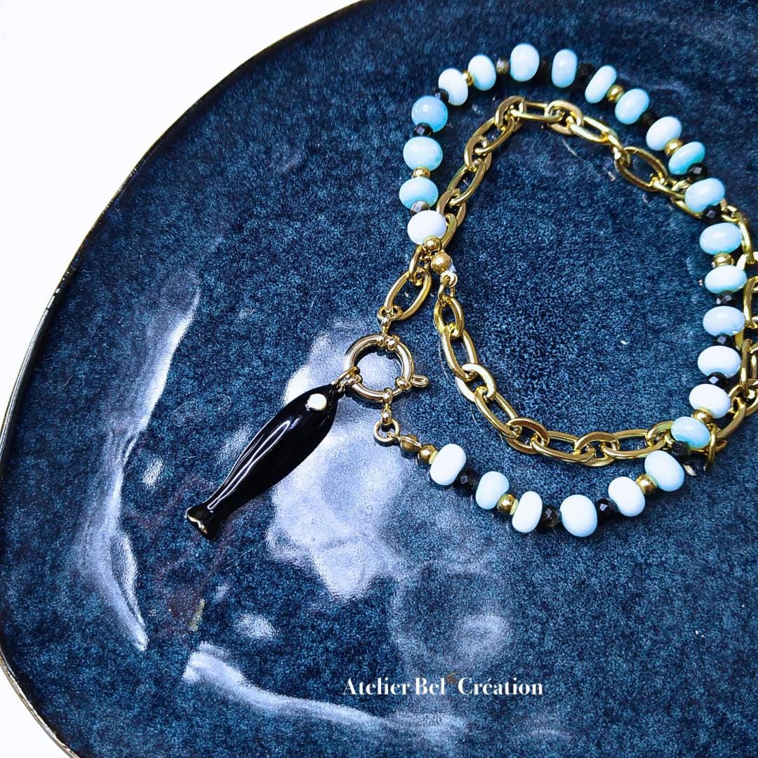 Bi-material necklace, Opal and Obsidian gemstone beads, fish pendant, gold-plated stainless steel