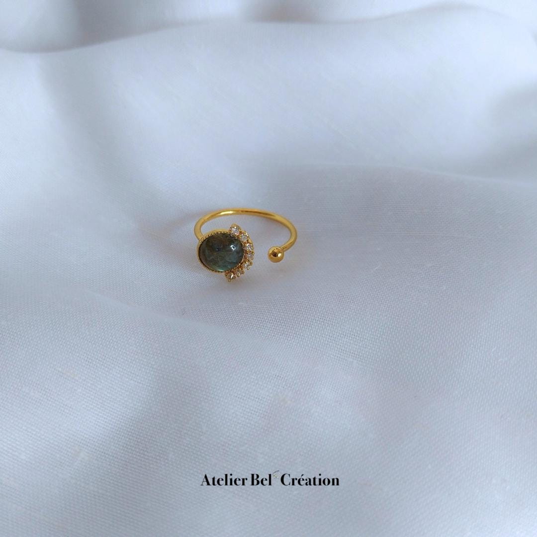 Disconnected Ring, open ring, Labradorite gemstone, gold plated ring