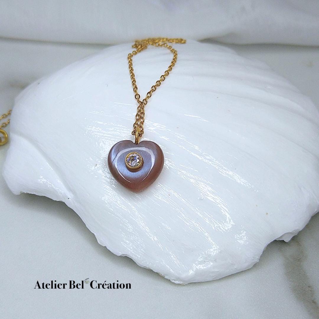 Brown Amber necklace | Golden stainless steel, chocolate moonstone, amber quartz