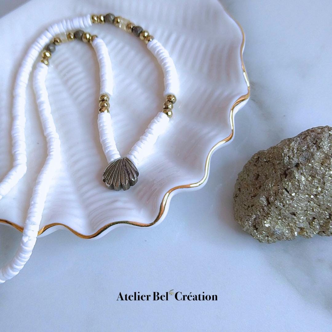 Pyrite necklaces | shell pendant, heishi necklace, gold-plated stainless steel