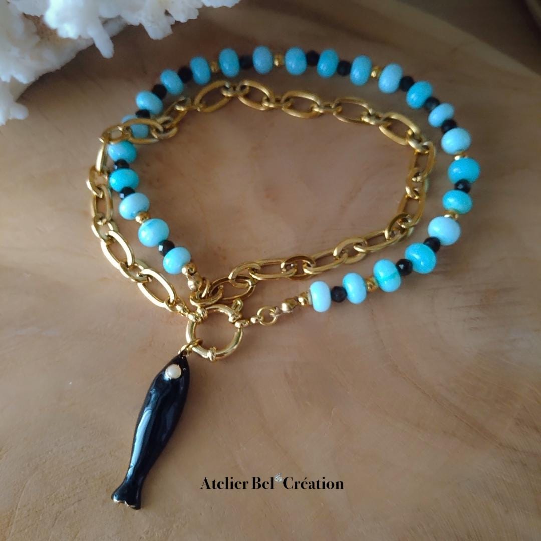 Bi-material necklace, Opal and Obsidian gemstone beads, fish pendant, gold-plated stainless steel