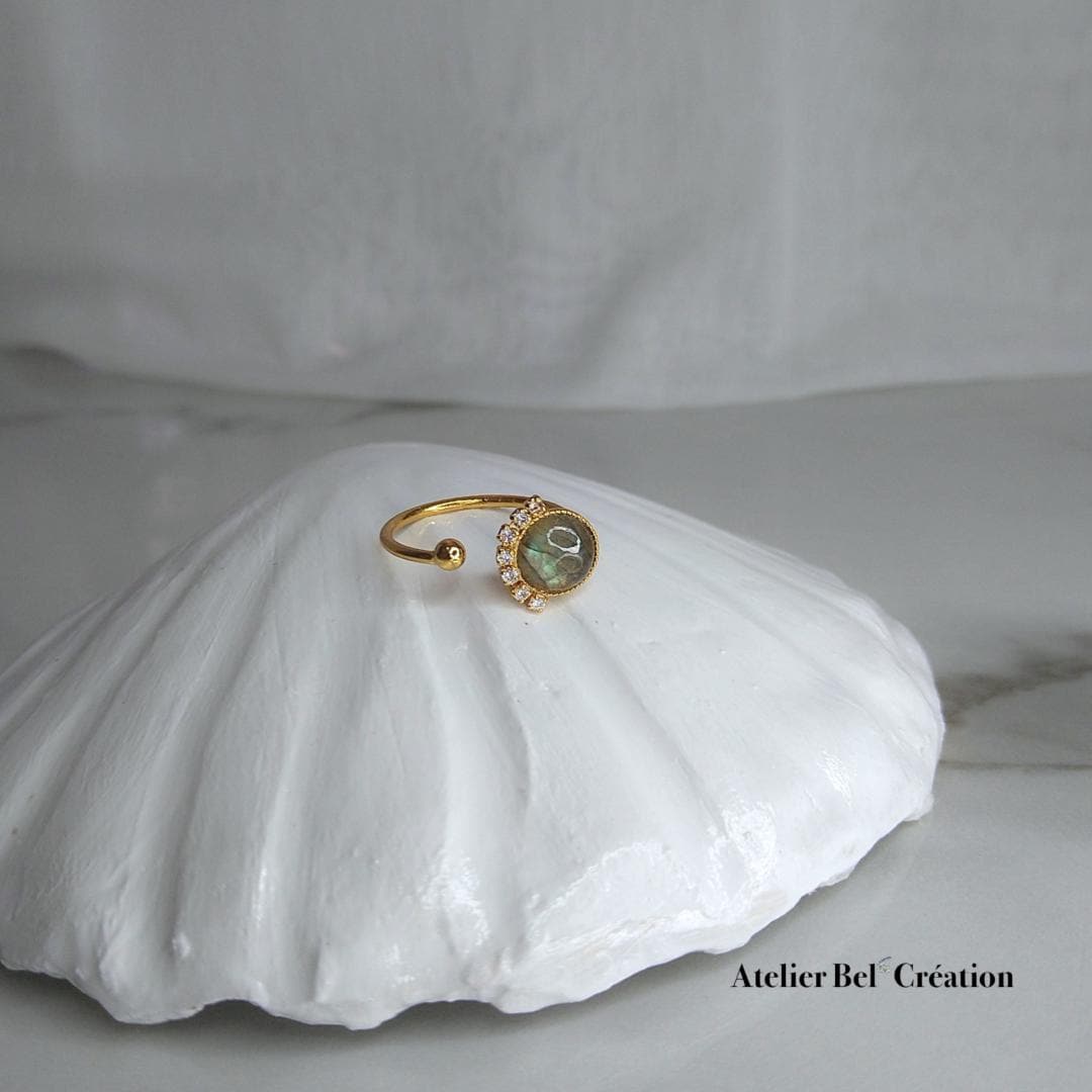 Disconnected Ring, open ring, Labradorite gemstone, gold plated ring