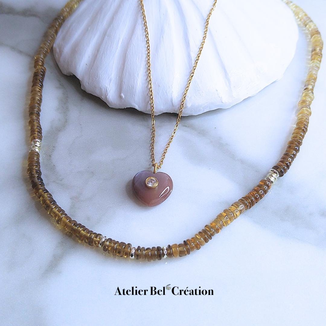 Brown Amber necklace | Golden stainless steel, chocolate moonstone, amber quartz