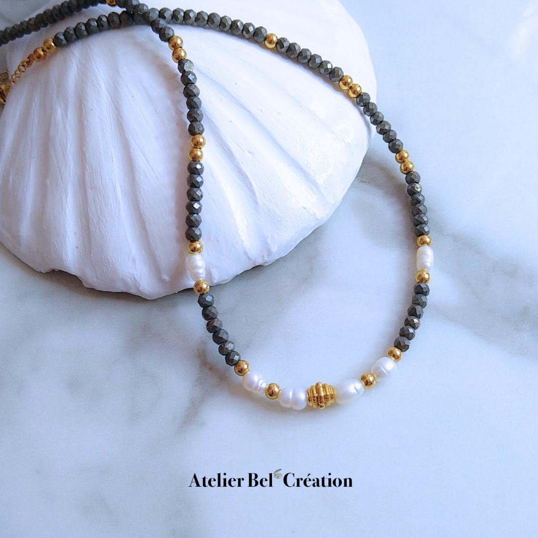 Pyrite necklaces | shell pendant, heishi necklace, gold-plated stainless steel