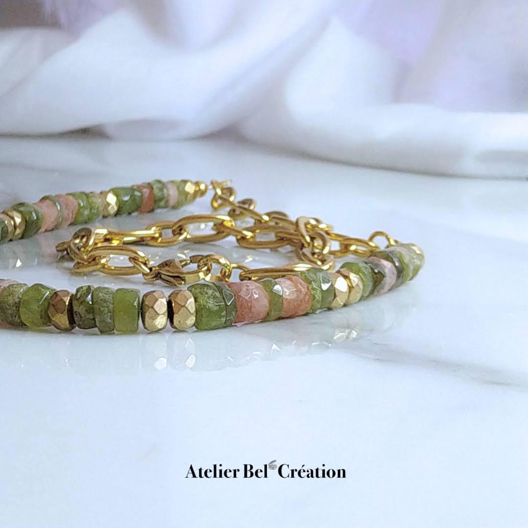 Natural Stone Necklace | Moonstone, Peridot, Wide Links, Gold-Plated Stainless Steel