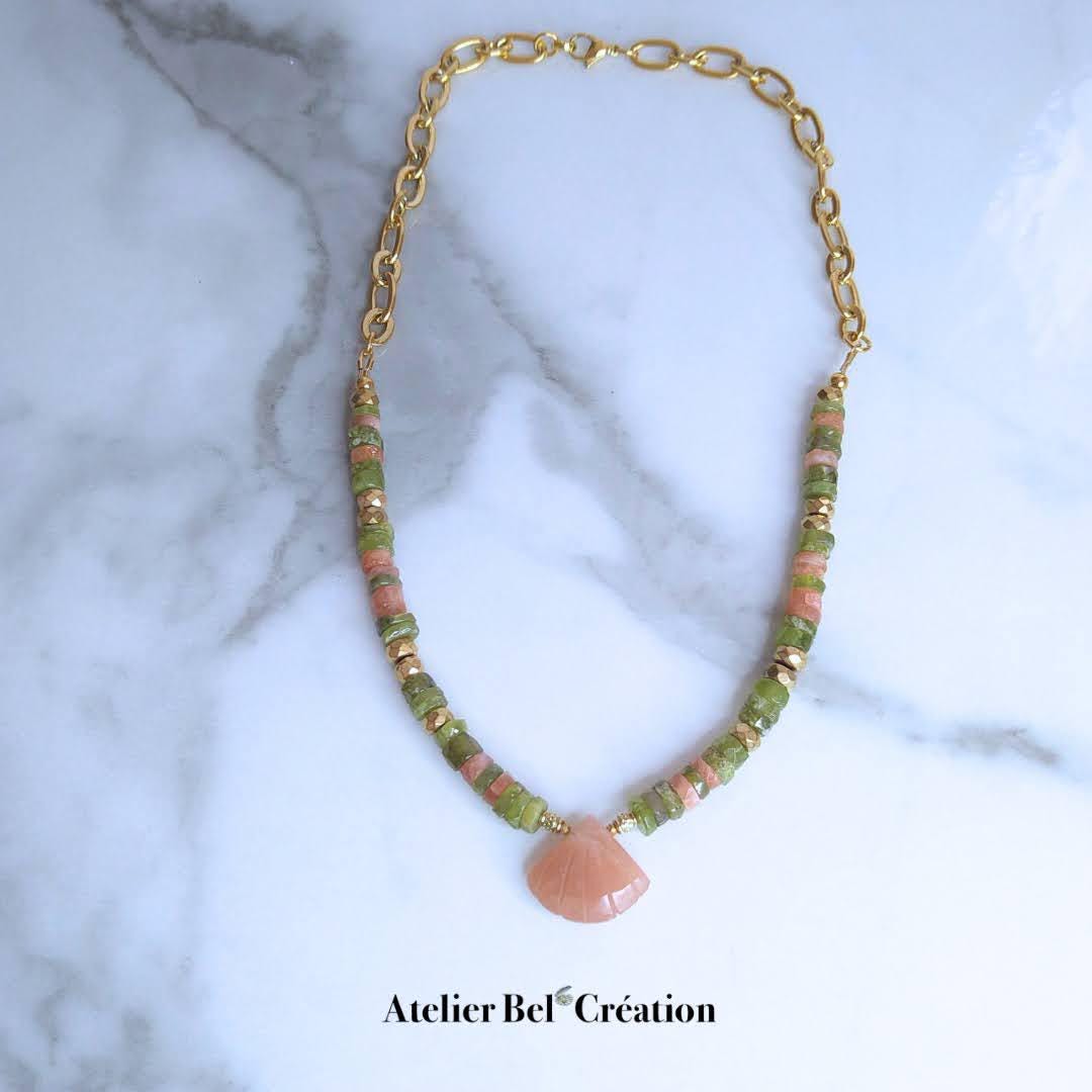 Natural Stone Necklace | Moonstone, Peridot, Wide Links, Gold-Plated Stainless Steel