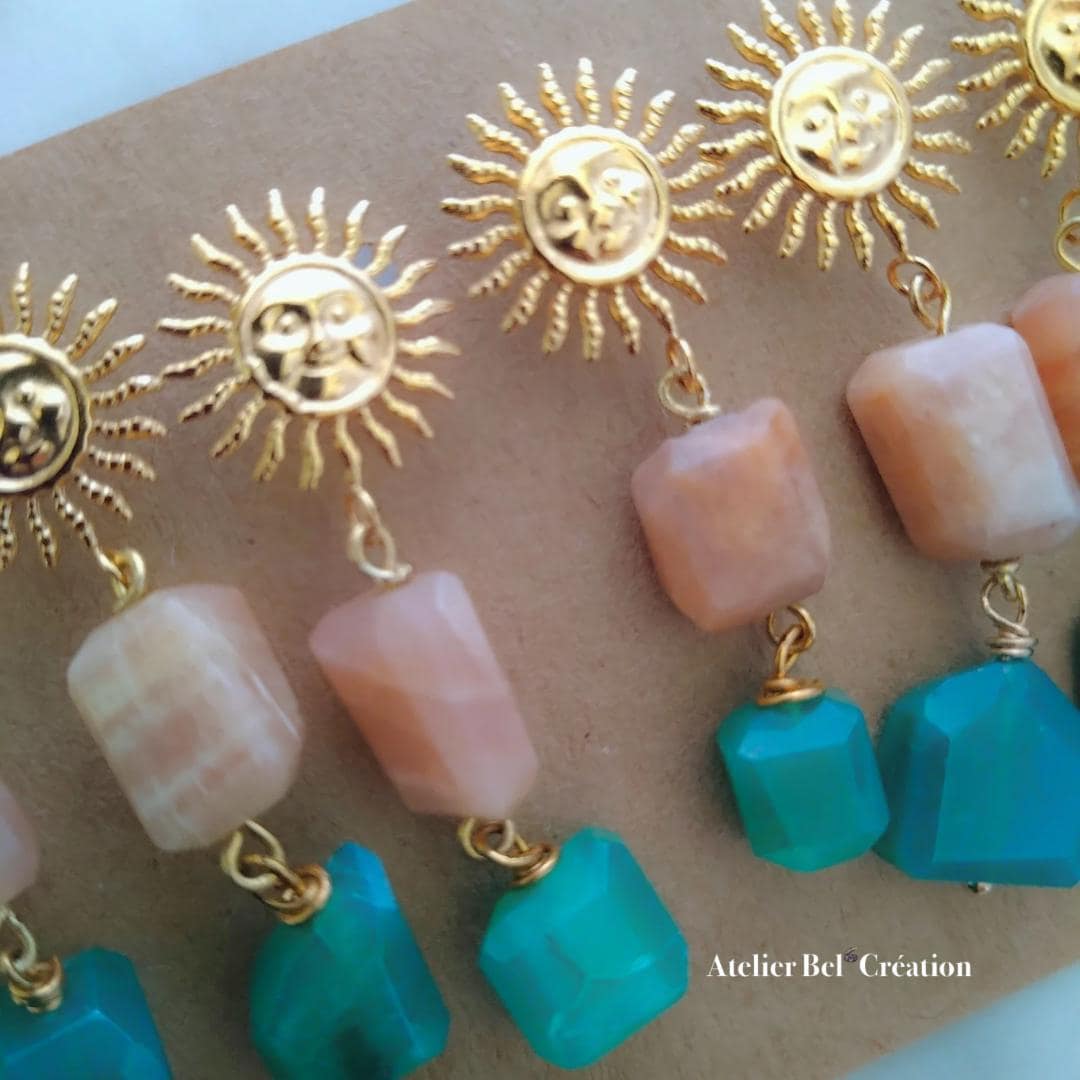 Sun pendant earrings, natural pearls, gold-plated steel