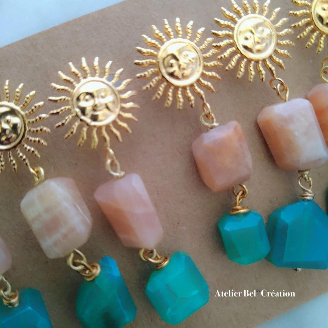 Sun pendant earrings, natural pearls, gold-plated steel