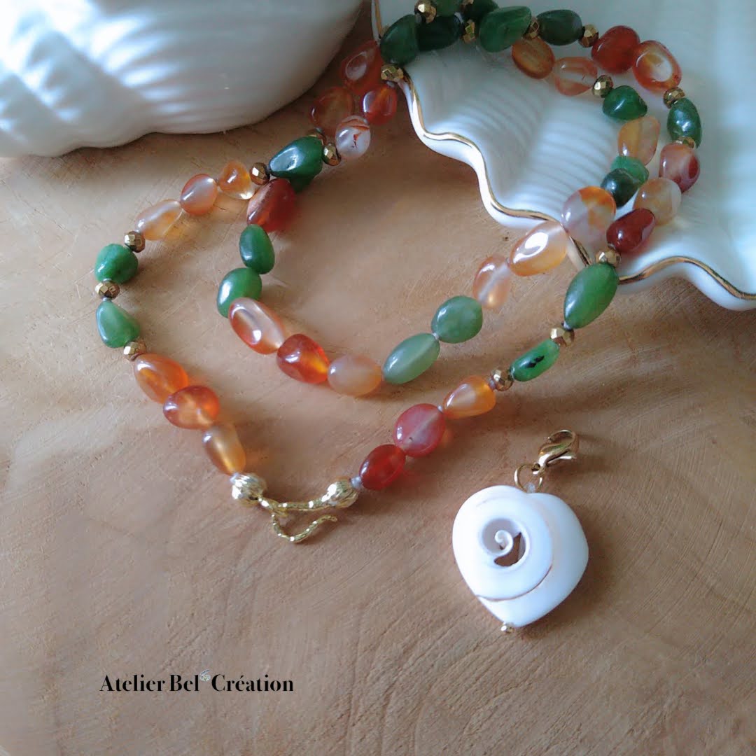 Natural pearl necklace in Jade and Carnelian “Morelia”