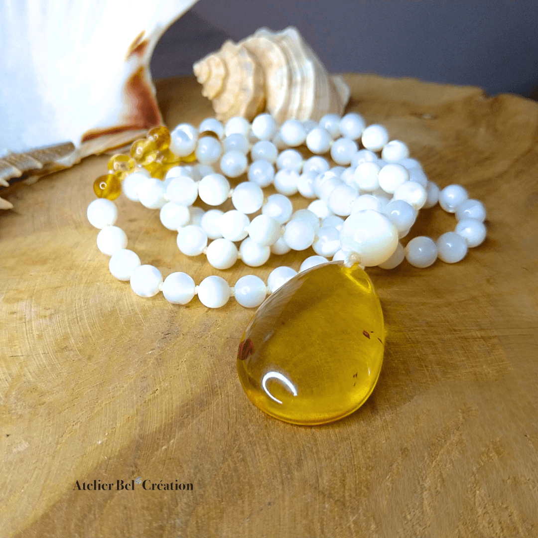 Collier long, Mala Ambre et nacre - Atelier Bel’Création