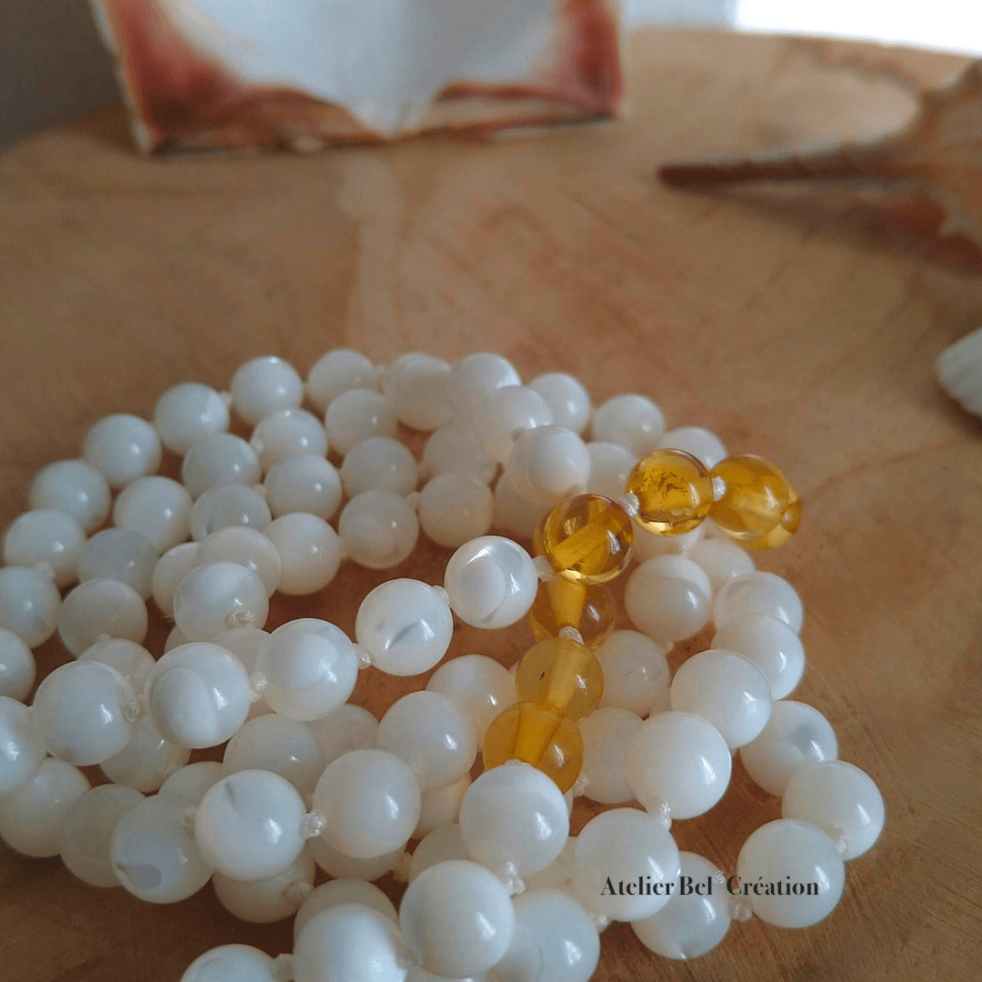 Collier long, Mala Ambre et nacre - Atelier Bel’Création