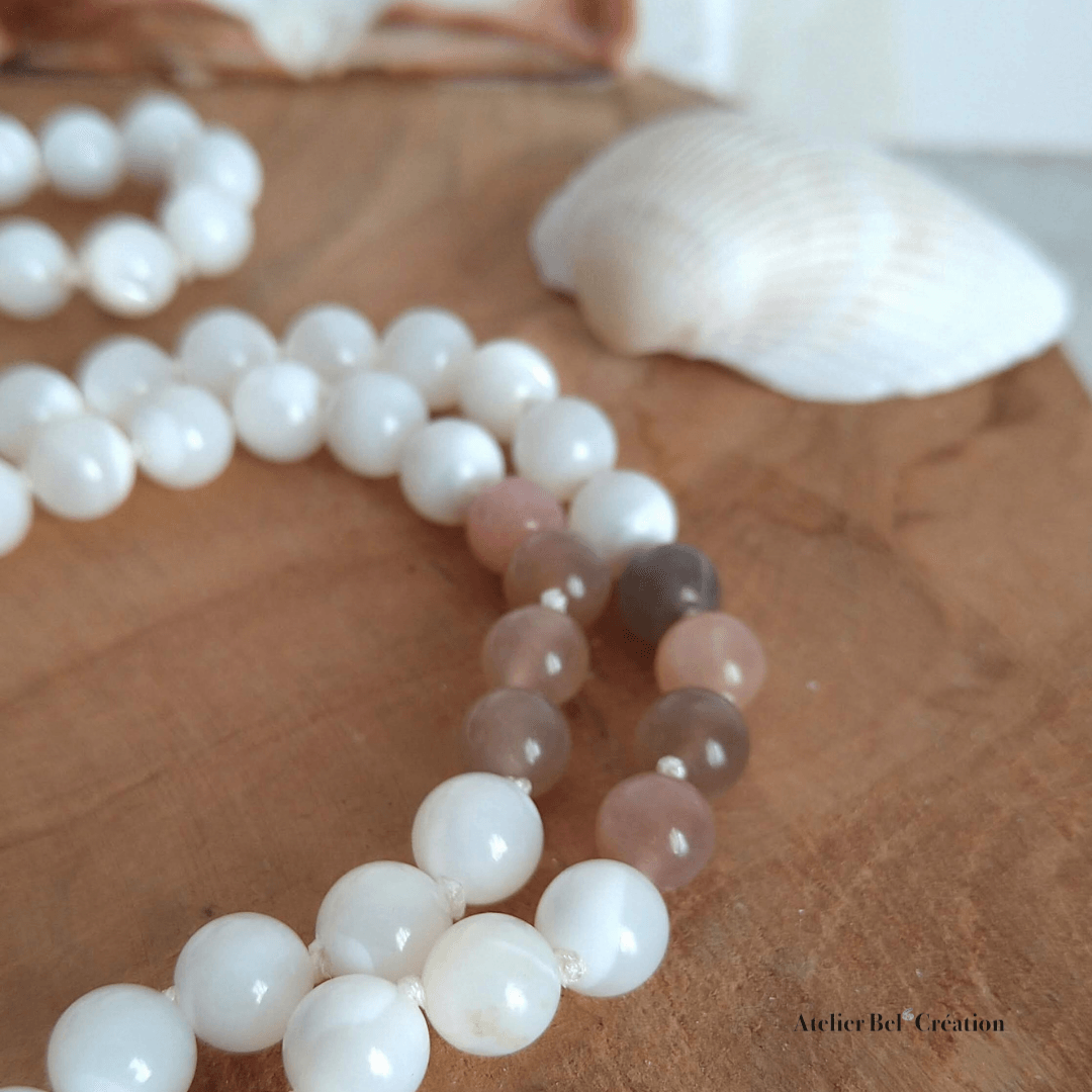 Collier long, Mala Pierre de lune Orange et nacre - Atelier Bel’Création