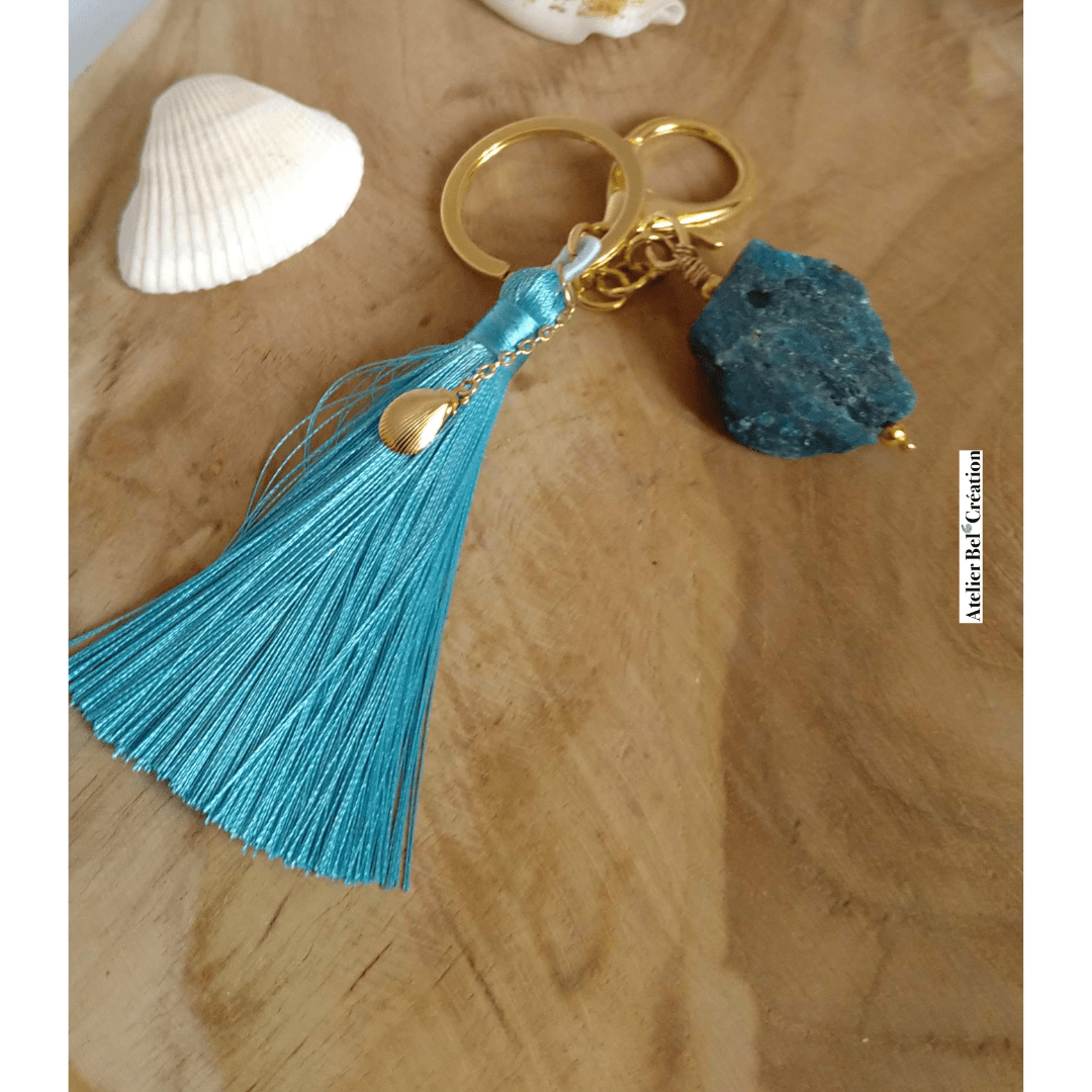 Grand porte-clés pompom et pierre brute naturelle brute - Atelier Bel’Création