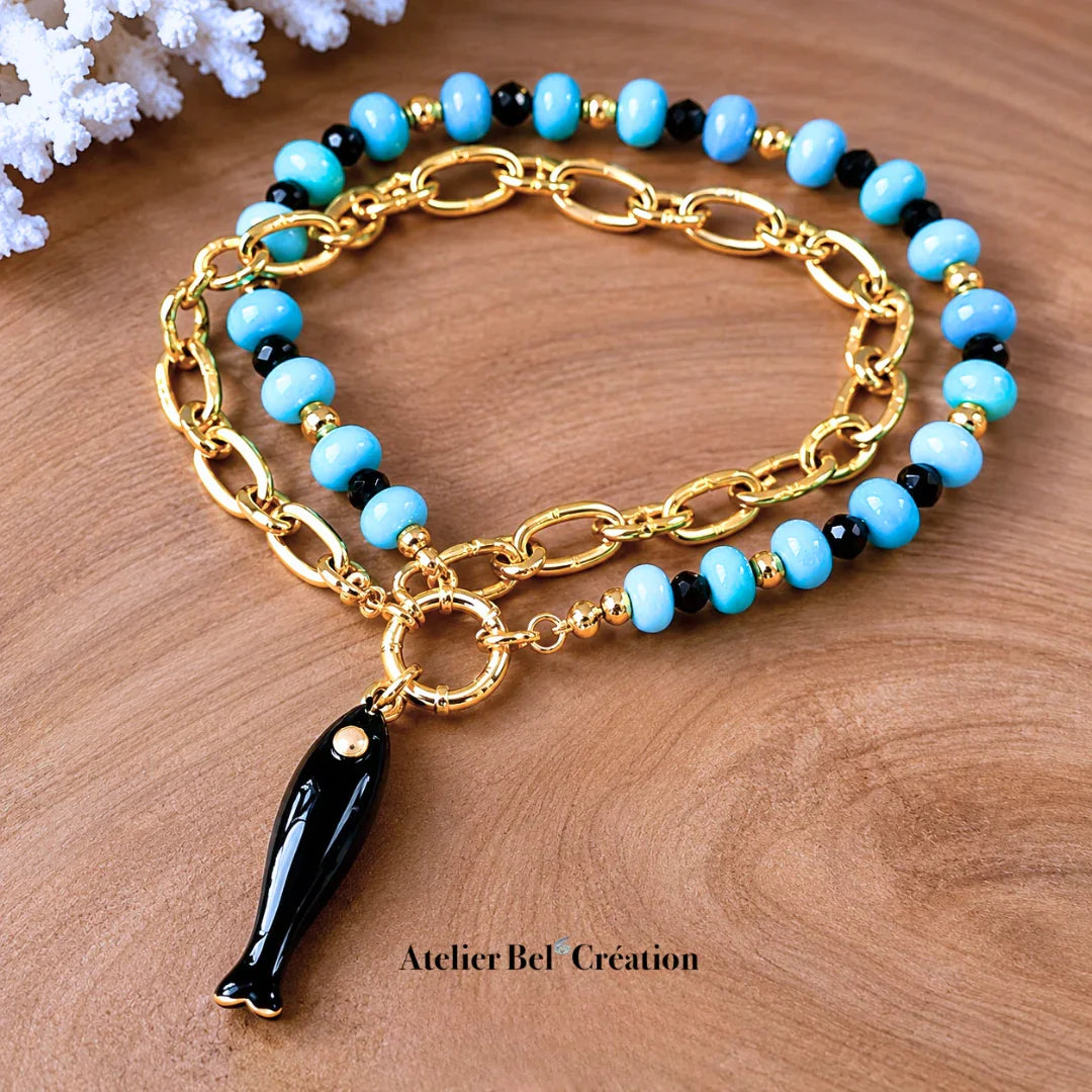 Bracelet doré turquoise et noir avec pendentif poisson, Atelier Bel’Création