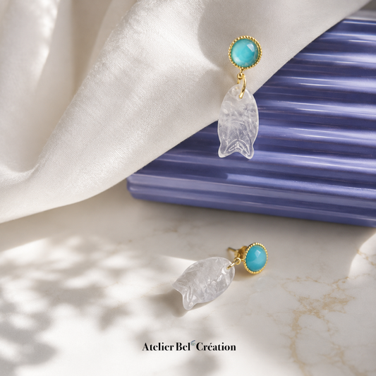 Boucles d’oreilles poisson Quartz Clair « Écume Azur  »