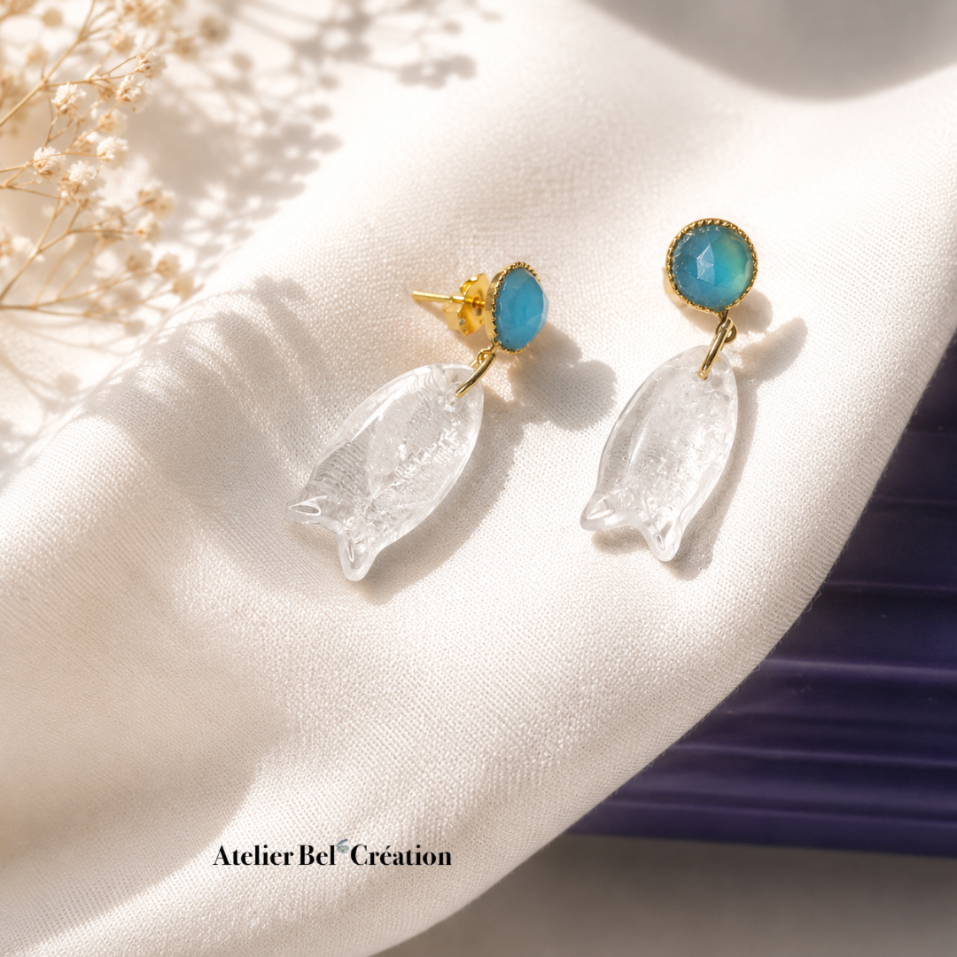 Boucles d’oreilles poisson Quartz Clair « Écume Azur  »