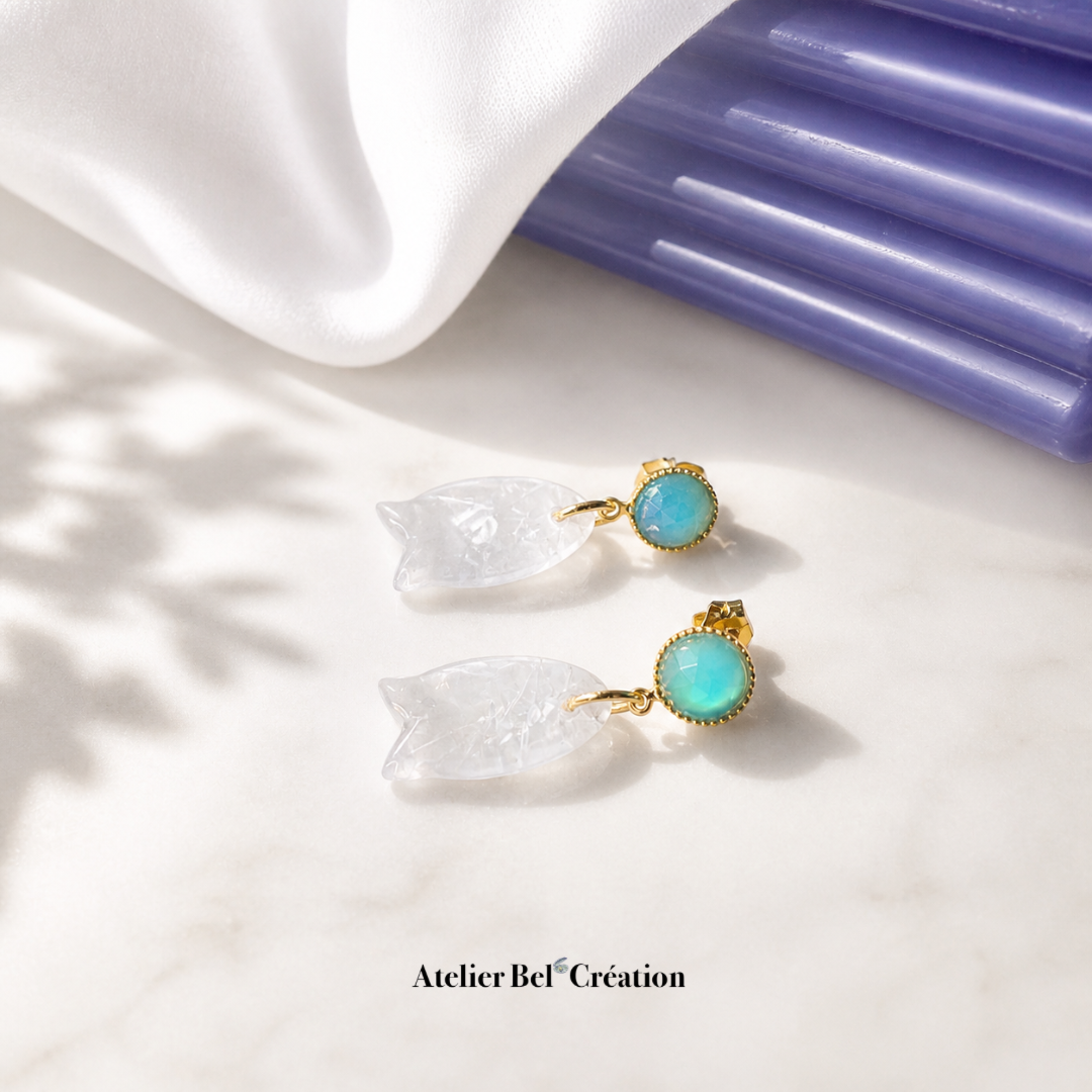 Boucles d’oreilles poisson Quartz Clair « Écume Azur  »