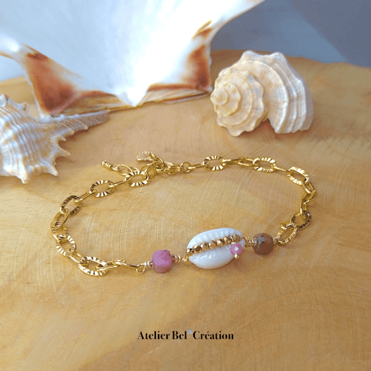 Bracelet Coquillage et Pierre naturelle Rhodochrosite « Lou » - Atelier Bel’Création