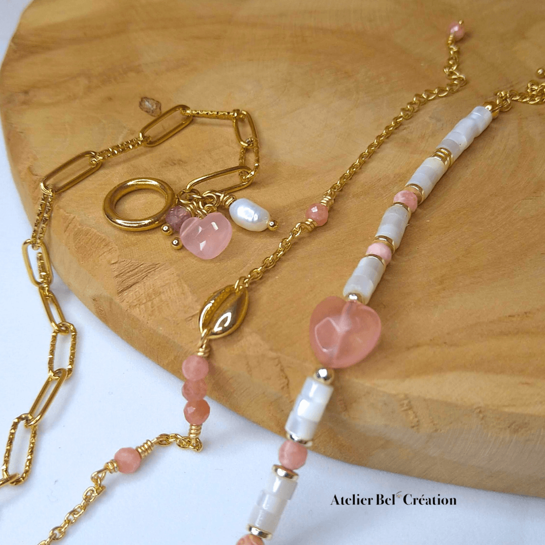 Bracelet Coeur en Pierre naturelle Rose « Love » - Atelier Bel’Création