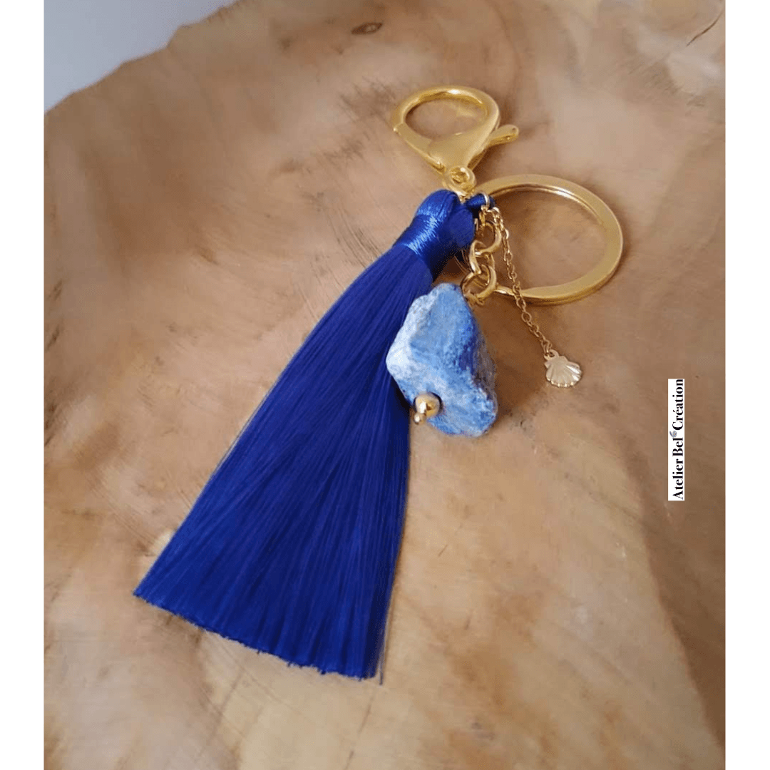 Grand porte-clés pompom et pierre brute naturelle brute - Atelier Bel’Création