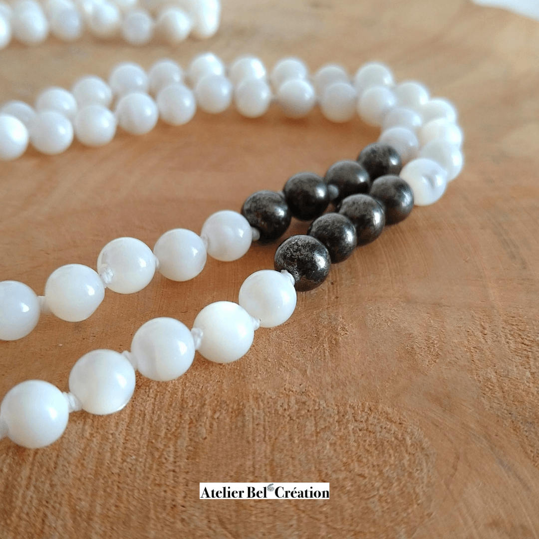 Collier long, Mala Pyrite et nacre - Atelier Bel’Création