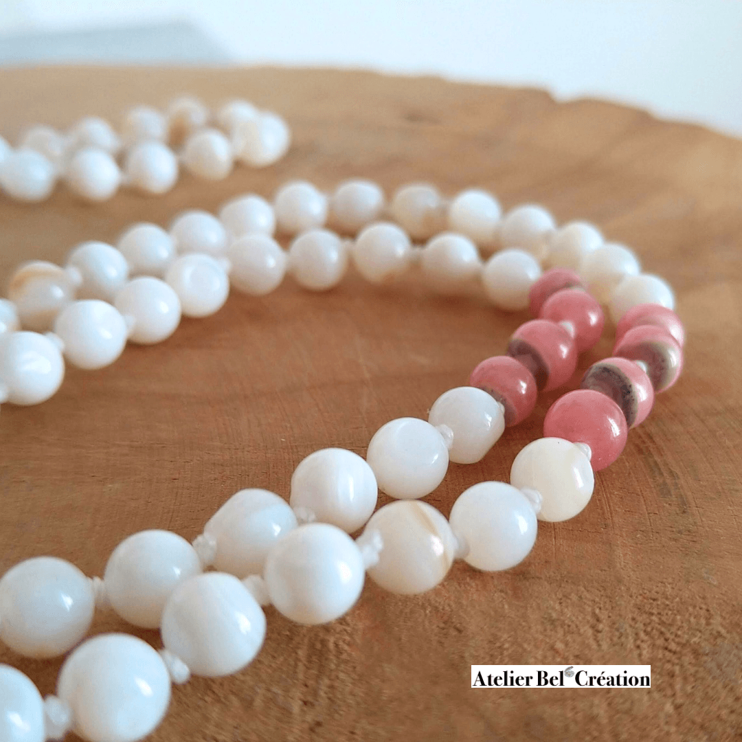 Collier long, Mala Rhodochrosite et nacre - Atelier Bel’Création