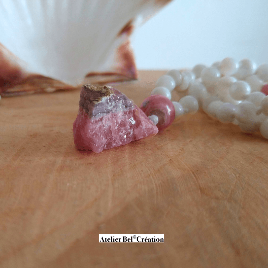 Collier long, Mala Rhodochrosite et nacre - Atelier Bel’Création