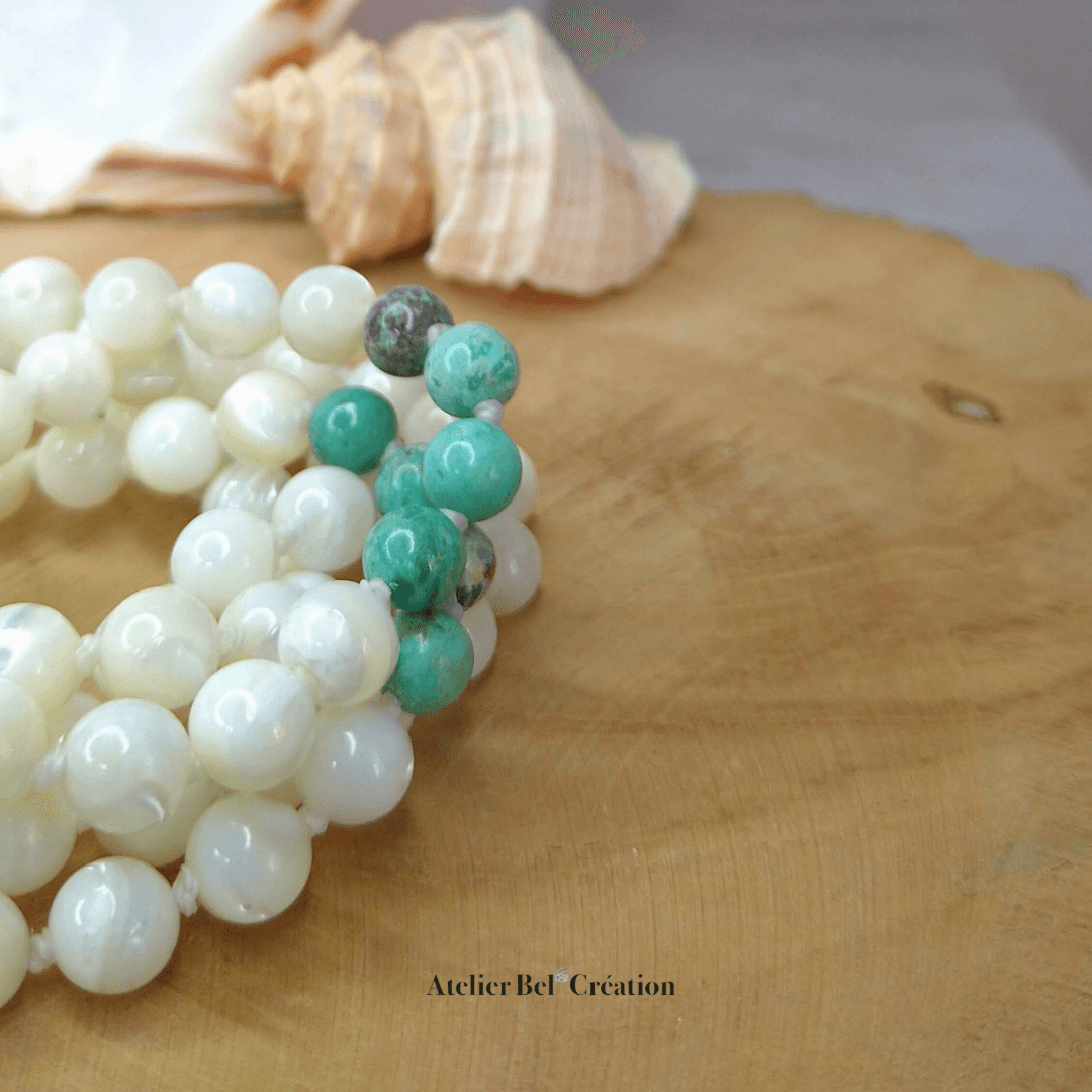 Collier long, Mala Turquoise naturelle et nacre - Atelier Bel’Création