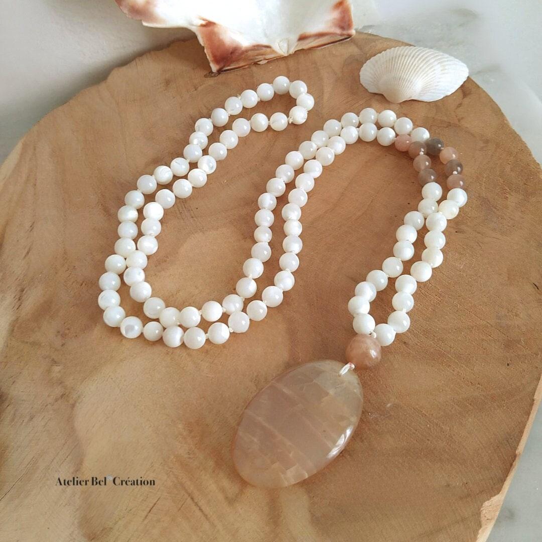 Collier long, Mala Pierre de lune Orange et nacre - Atelier Bel’Création