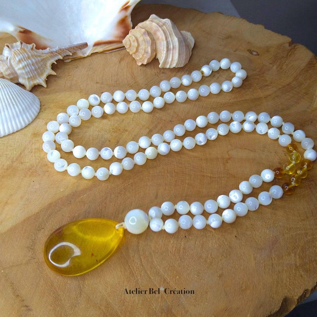 Collier long, Mala Ambre et nacre - Atelier Bel’Création