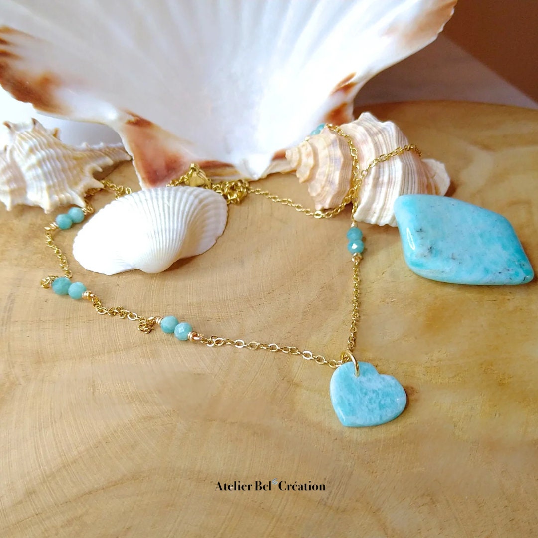 Heart Necklaces, gemstone beaded necklace, amazonite, lapis-lazuli, orange moonstone gemstones