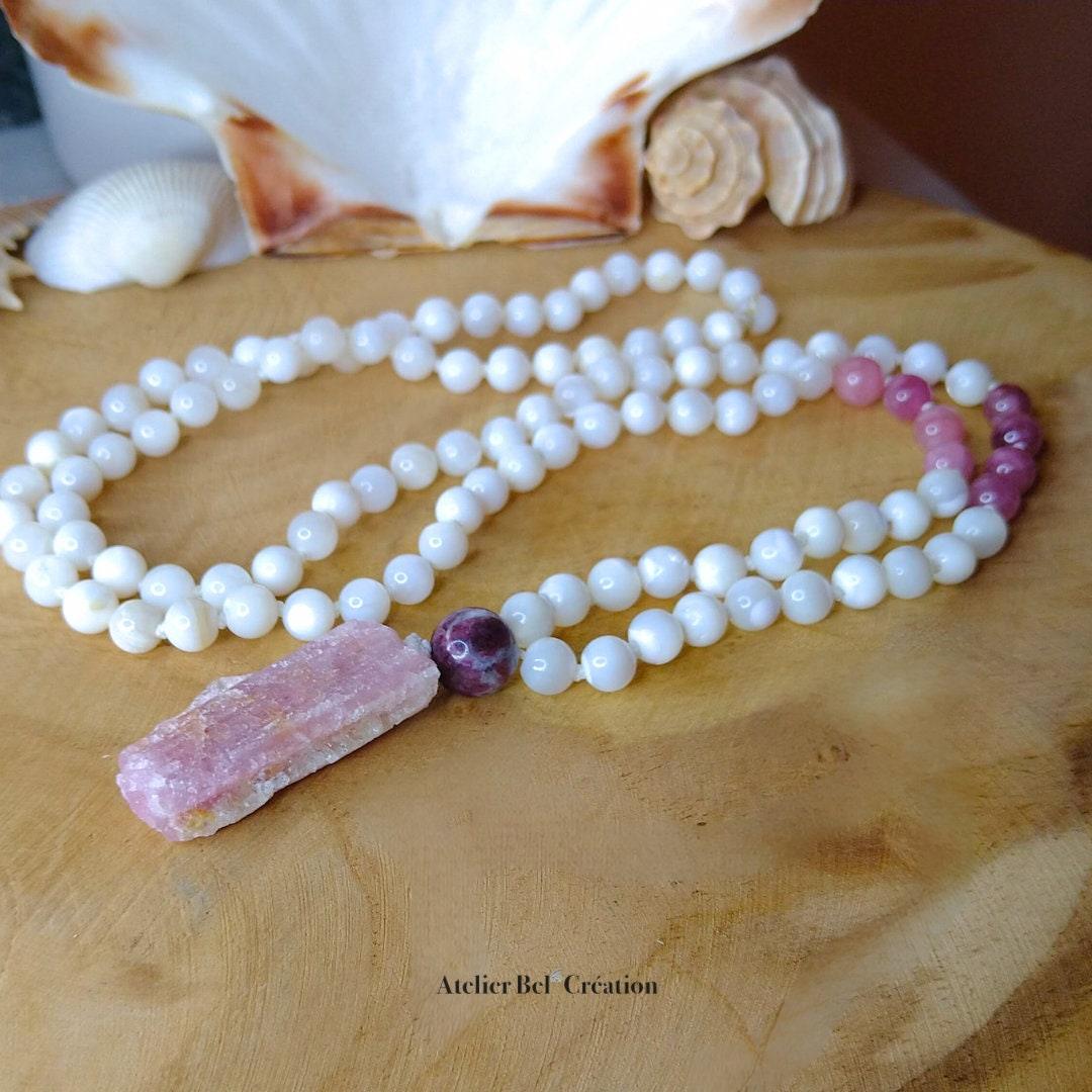 Collier long, Mala Tourmaline rose et nacre - Atelier Bel’Création