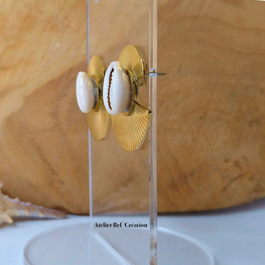 Cauris Jewelry Set, gold-plated stainless steel, fan earrings, stud earrings, bangle bracelet, natural shell, gift-wrapped