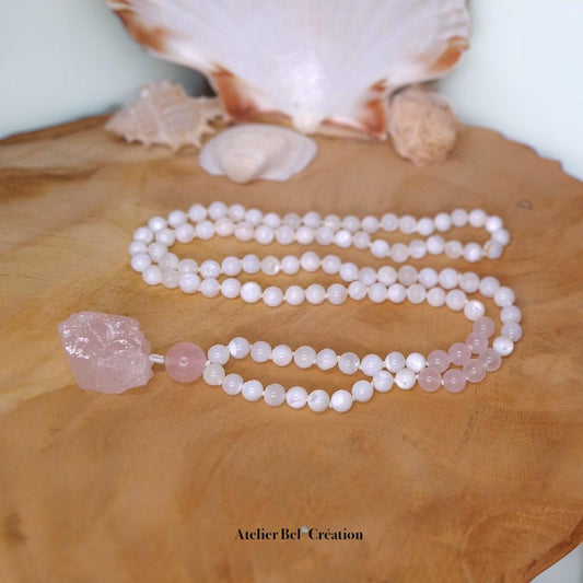 Collier long, Mala Quartz rose et nacre - Atelier Bel’Création