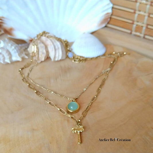 Blue necklace | golden stainless Stell Chain, blue opal, chalcedony