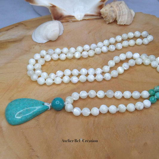 Collier long, Mala Turquoise naturelle et nacre - Atelier Bel’Création