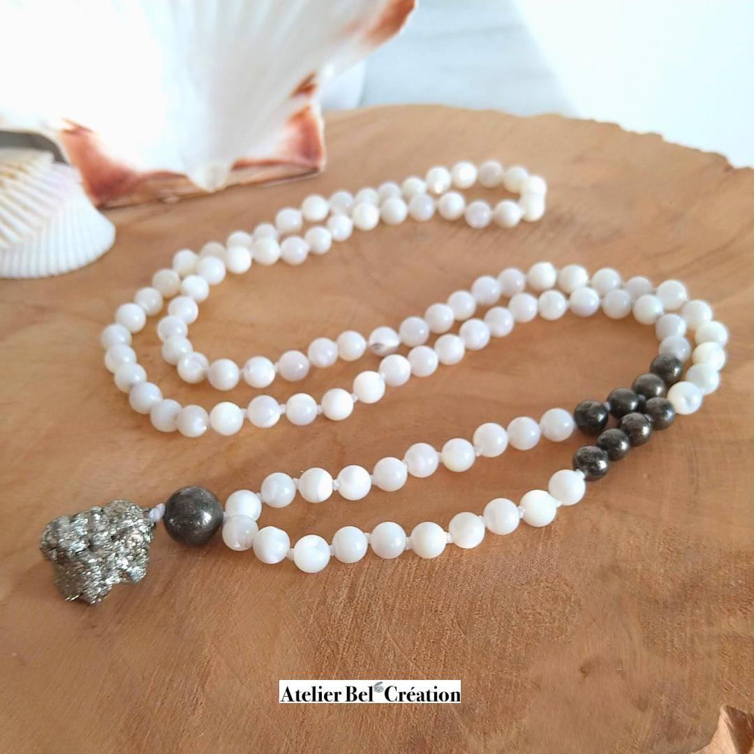 Collier long, Mala Pyrite et nacre - Atelier Bel’Création