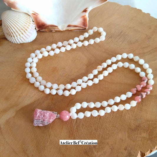 Collier long, Mala Rhodochrosite et nacre - Atelier Bel’Création