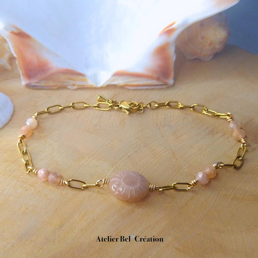 Natural gemstone Bracelets Orange moonstone, sunstone | stainless steel, shell