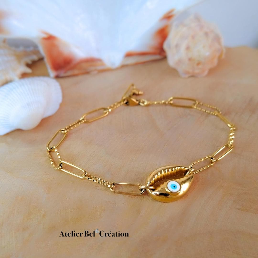 Ocean inspired bracelet gold stainless steel evil eye shell amazonite turquoise boho adjustable summer jewelry for her